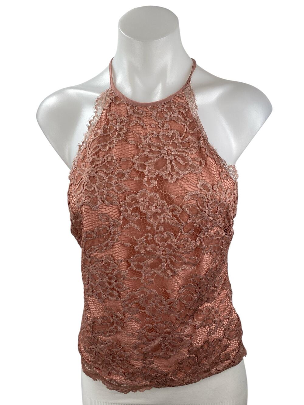 H&M Women's Brown Lace Floral Sleeveless Halter Open Back Sheer Crop Tank Top S